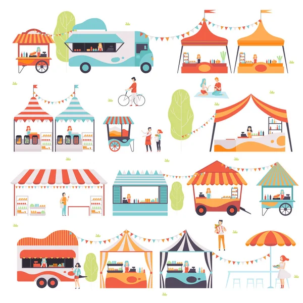 Street Food Set, Verkäufer, die Lebensmittel am Kiosk, Stand, Food Truck und Wagenvektorillustration verkaufen — Stockvektor