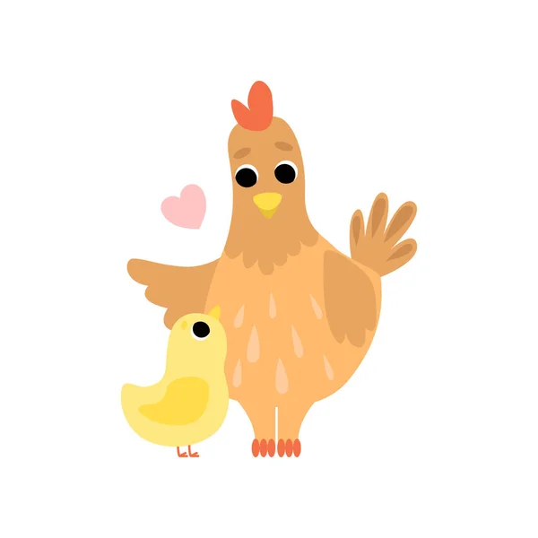 Madre gallina y su pollo, Lindas aves de granja Familia Vector Ilustración sobre fondo blanco. Ilustración vectorial — Archivo Imágenes Vectoriales