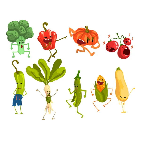 Lindo conjunto de verduras artoon, personajes de alimentos con caras divertidas Vector Ilustración — Vector de stock