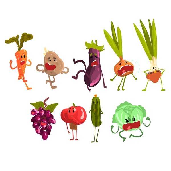 Conjunto bonito de frutas e legumes de artoon, personagens de alimentos ecológicos com figuras engraçadas ilustração vetorial —  Vetores de Stock
