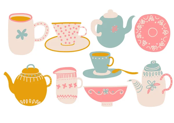 Set de café o té lindo, elementos de diseño con tetera, taza de té, platillo, leche de jarra y servilleta Vector ilustración — Archivo Imágenes Vectoriales