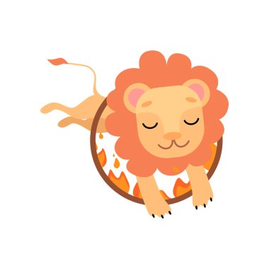 Leo ateş çemberi, sirk gösterisi vektör çizim gerçekleştirme şirin komik hayvan üzerinden atlama