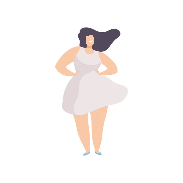 Feliz morena mujer regordeta en vestido blanco, cuerpo positivo, aceptación de uno mismo y concepto de diversidad de belleza Vector Ilustración — Archivo Imágenes Vectoriales