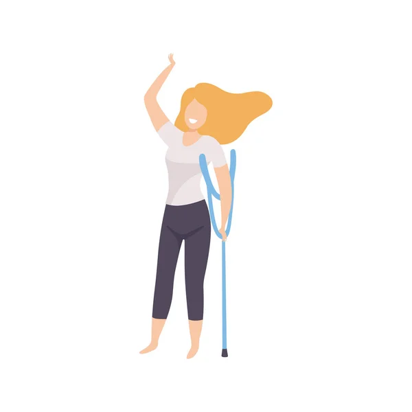 Mujer joven feliz en ropa casual con muletas, cuerpo positivo, aceptación de uno mismo y concepto de diversidad de belleza Vector Illustration — Vector de stock