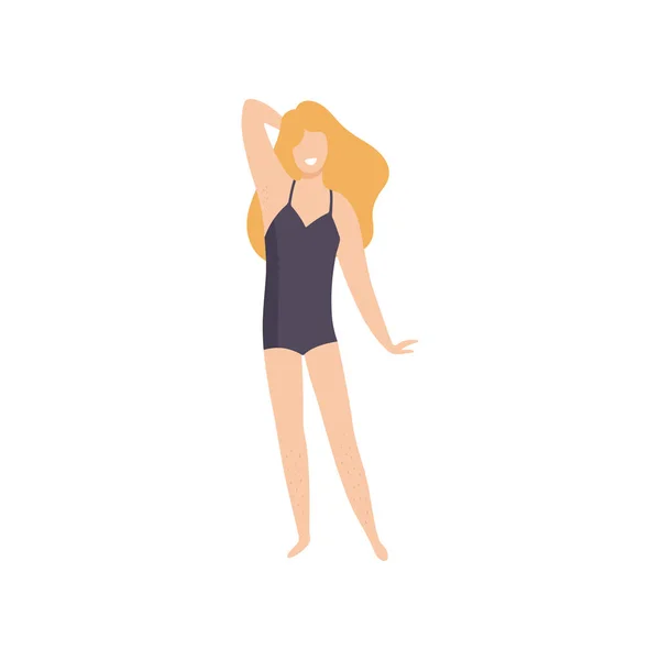 Happy Beautiful Woman en maillot de bain noir avec jambes poilues, corps positif, acceptation de soi et beauté Diversité Concept Illustration vectorielle — Image vectorielle