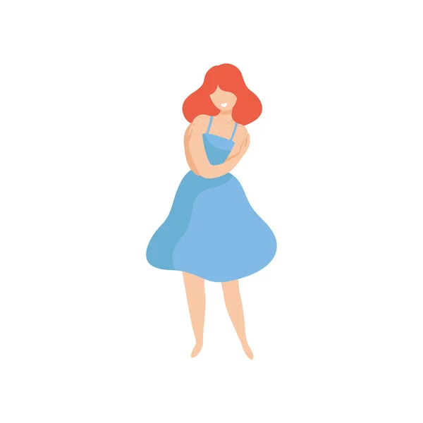 Glücklich schöne Frau in blauem Kleid, Körper positiv, Selbstakzeptanz und Schönheit Vielfalt Konzept Vektor Illustration — Stockvektor