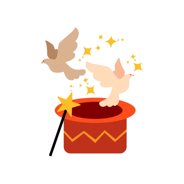 Ilustracja wektorowa gołębie latające Out z magicznego kapelusza, ładny zabawny zwierząt w cyrku Show — Wektor stockowy