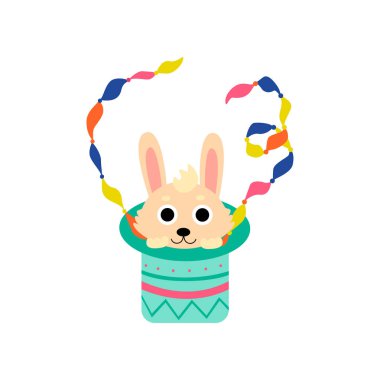 Sevimli tavşan sihirbaz şapka, komik hayvan sirk gösterisi gerçekleştirme üzerinden görünen illüstrasyon vektör