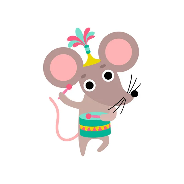 Söt mus spelar trumma, roligt djur utför i cirkus Visa vektorillustration — Stock vektor