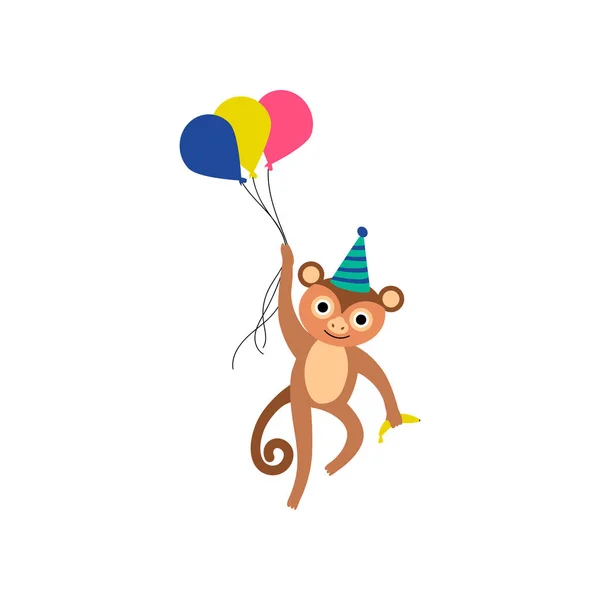 Affe mit Party-Hut, der mit Luftballons fliegt, niedliches lustiges Tier, das in Zirkusshow Vektor-Illustration auftritt — Stockvektor