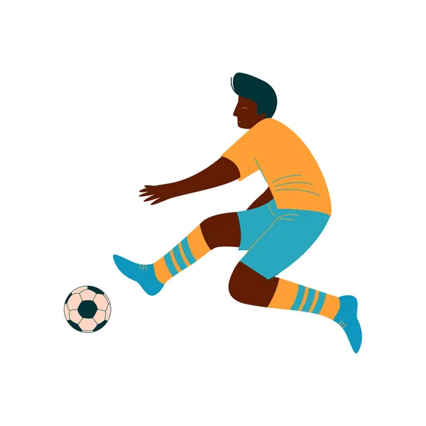 男子サッカー プレイヤー蹴るボール、スポーツの一様ベクトル図のアフリカ系アメリカ人男性サッカー選手文字 — ストックベクタ