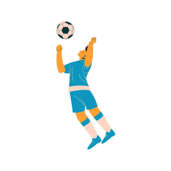 Fotbalista s míčem, mužský fotbalový znak v modré sportovní jednotné vektorové ilustrace — Stockový vektor