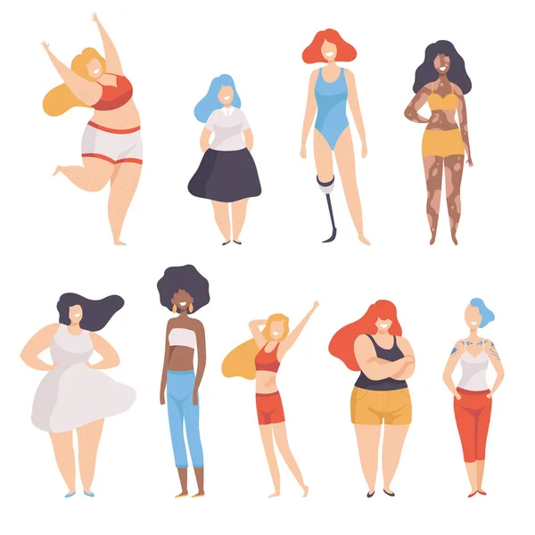 Gyönyörű többnemzetiségű nők a különböző szám típusú és magasság, test pozitív, önálló elfogadás és szépség sokszínűség koncepció vektoros illusztráció gyűjteménye — Stock Vector