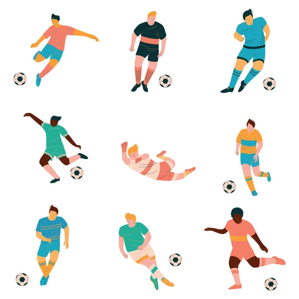 Fotbaloví hráči sady, mužské fotbalista znaky v uniformě Sport hraje v různých polohách vektorové ilustrace — Stockový vektor