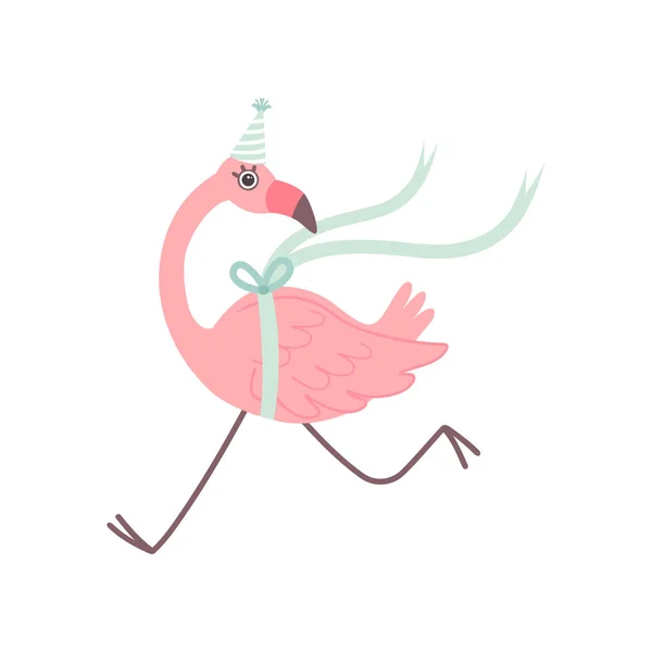 可爱的火烈鸟跑穿党帽子, 美丽的异国情调鸟字符向量例证 — 图库矢量图片