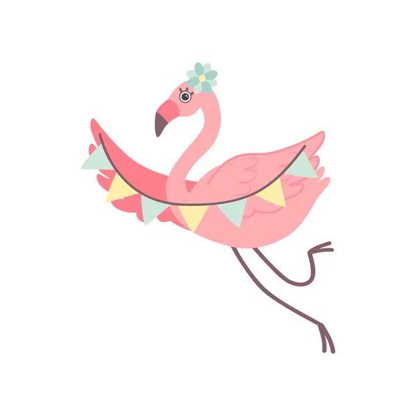 Ładny Flamingo z Party flagi, Piękny ptak egzotyczny charakter ilustracja wektorowa — Wektor stockowy