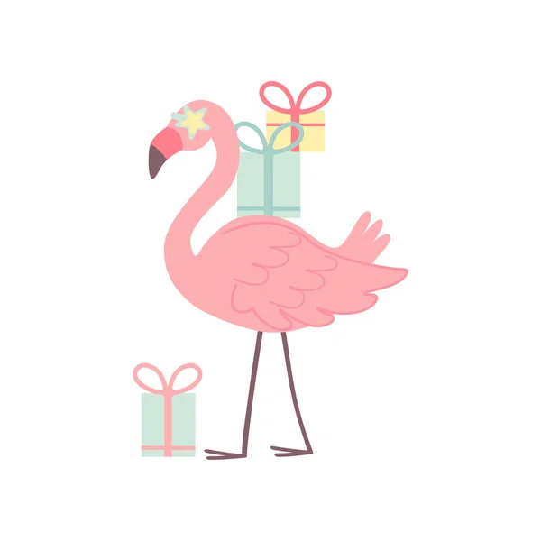 Lindo flamenco con cajas de regalo, hermoso pájaro exótico personaje Vector ilustración — Archivo Imágenes Vectoriales