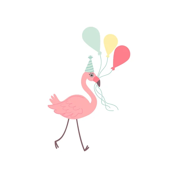Mignon flamant rose portant chapeau de fête tenant des ballons colorés, belle illustration vectorielle de personnage d'oiseau exotique — Image vectorielle