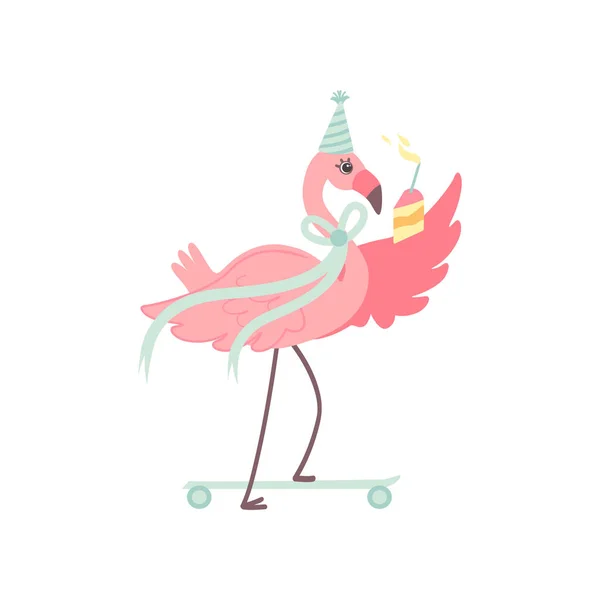 Cute Flamingo Wearing Party Hat Skateboarding with Festive Cracker, Beautiful Exotic Bird Character Vector Illustration — Stock Vector