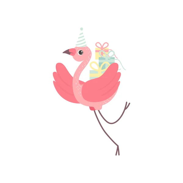 Roztomilý Flamingo Party klobouk s dárkové krabičky, krásných exotických ptáků charakter vektorové ilustrace — Stockový vektor