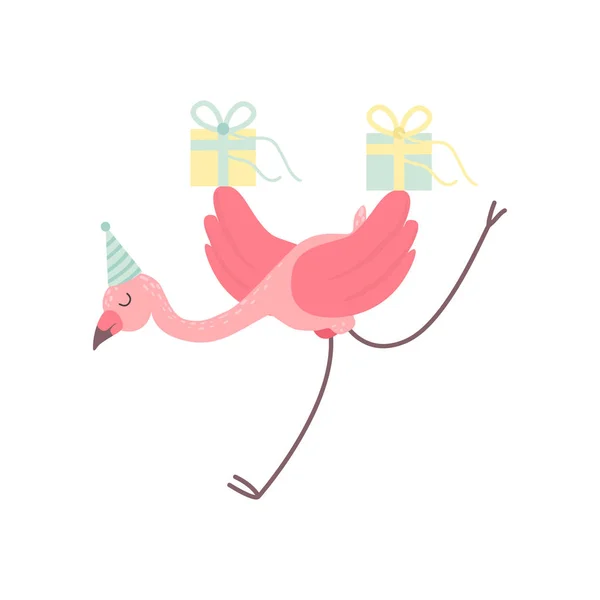 Cute Flamingo Wearing Party Hat Running with Gift Boxes, Beautiful Exotic Bird Character Vector Illustration — Stock Vector