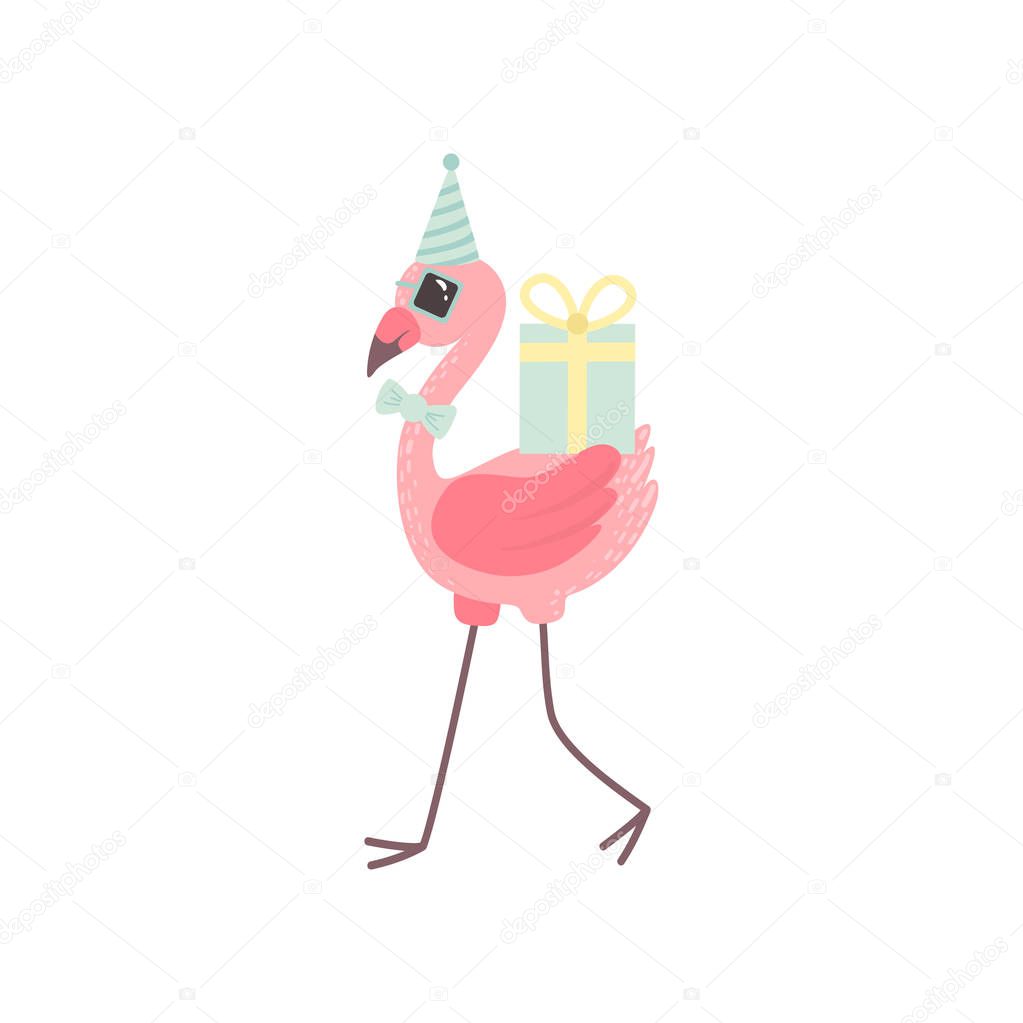Cute Flamingo Wearing Party Hat and Bow Tie Walking with Gift Boxes, Beautiful Exotic Bird Character Vector Illustration