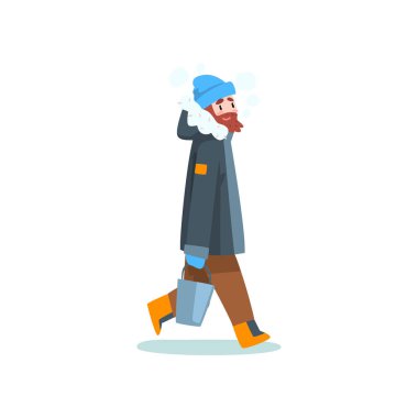 Kova, açık eğlence, vektör çizim Balık tutma extremal buz kış sıcak giyimli adam