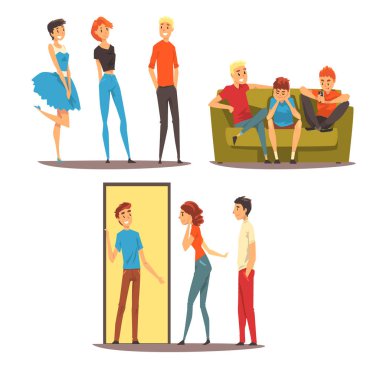 Erkek arkadaşlar, çocuklar futbol oynamıyor birlikte, vakit konuşurken, bir kafede oturan en iyi arkadaş kavramı vektör illüstrasyon