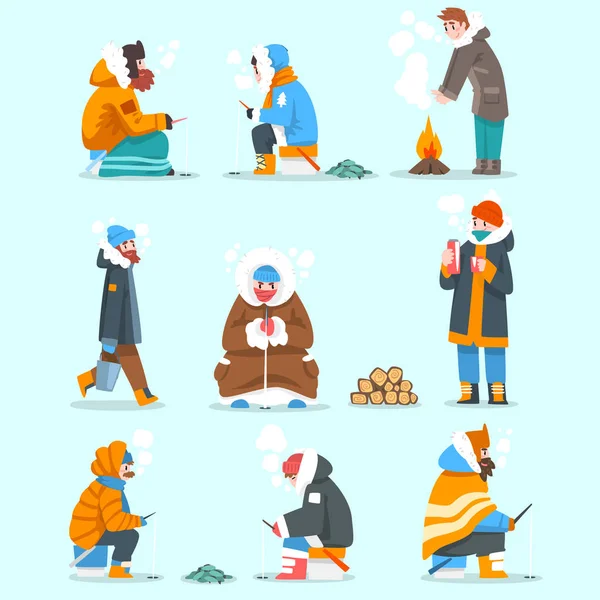 Teple oblečený muži loví v zamrzlé řeky nebo jezera sada, extremální ledu zimní rybaření, venkovní aktivita vektorové ilustrace — Stockový vektor