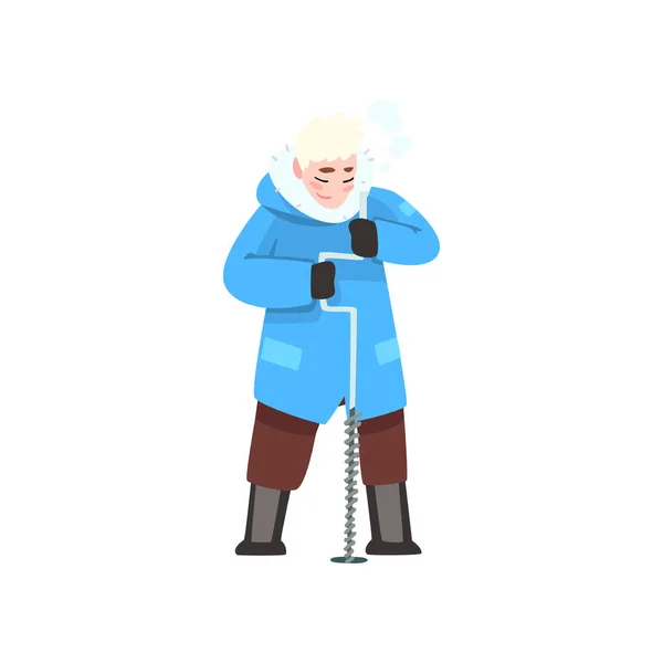 Человек в зимней одежде с дрелью для льда, открытый досуг, экстремальный вектор зимней рыбалки Иллюстрация — стоковый вектор