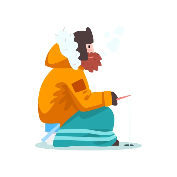 Warm gekleed man in een bevroren rivier met hengel vissen, uiterste ijs winter visserij vector illustratie op een witte achtergrond — Stockvector