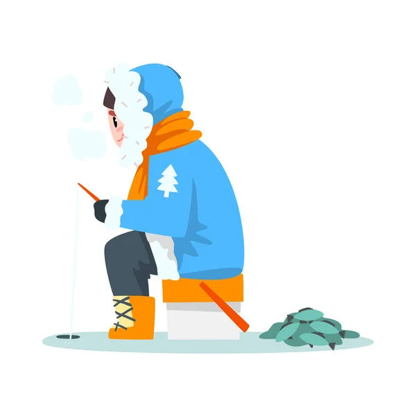 Man fishing in a frozen river in winter clothing, extremal ice winter fishing vector Illustration — Stock Vector