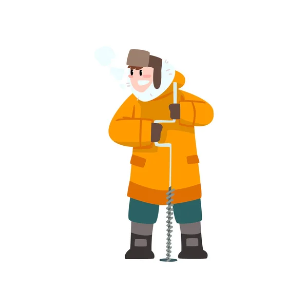 Warmly dressed man with ice drill, outdoor leisure, extremal ice winter fishing vector Illustration — Stock Vector