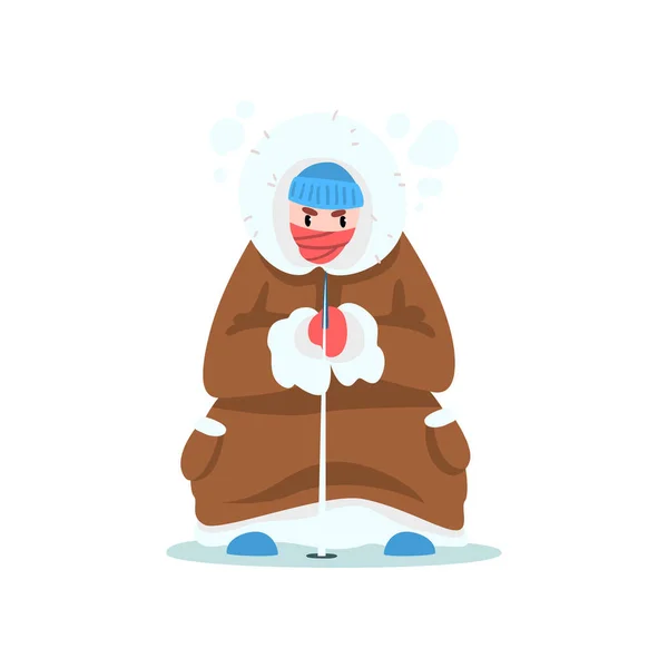 Warmly dressed man fishing in a frozen river with fishing rod, extremal ice winter fishing, front view vector Illustration — Stock Vector