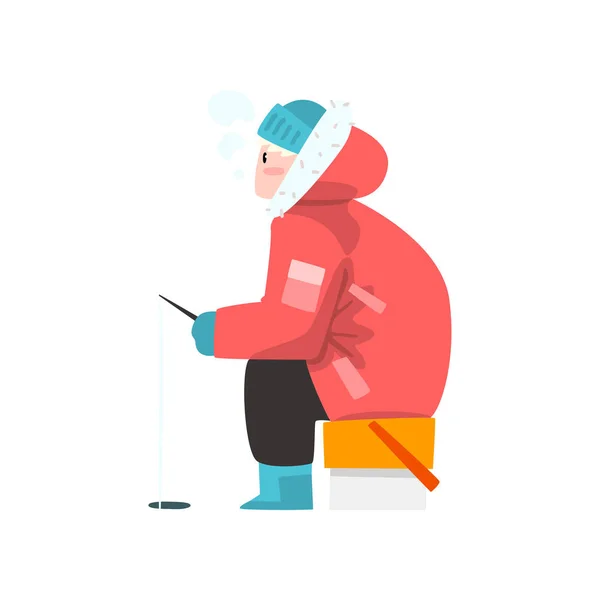 Man fishing in a frozen river, extreme ice winter fishing vector Ilustração — Vetor de Stock