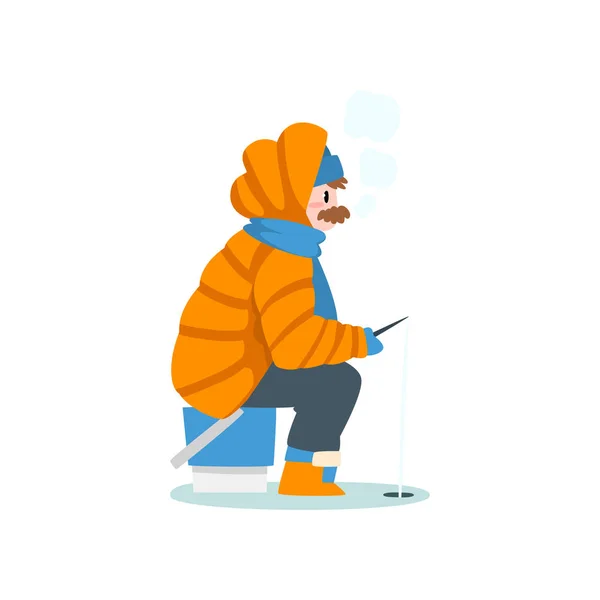Homem calorosamente vestido pescando em um rio ou lago congelado com vara de pesca, pesca de inverno de gelo extremo, vetor de atividade ao ar livre Ilustração — Vetor de Stock