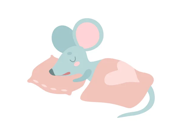 Lindo ratón animal durmiendo en su cama Vector ilustración — Vector de stock