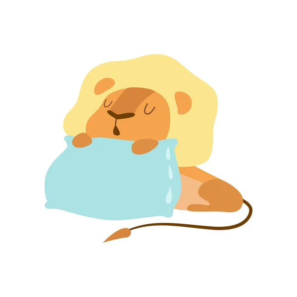 Χαριτωμένο μωρό λιοντάρι ζώο κοιμάται σε μαξιλάρι εικονογράφηση διάνυσμα — Διανυσματικό Αρχείο