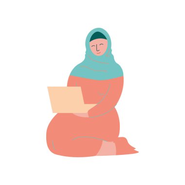 Dizüstü bilgisayar, geleneksel giyim vektör çizim Modern Arap kız karakteri ile çalışma Hijab Müslüman kadın