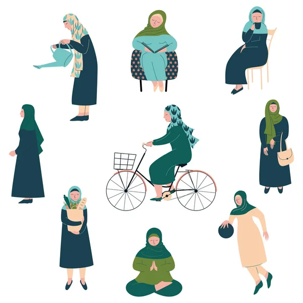 Muslim Woman in Hijab Set, Modern Arab Girls Characters in Traditional Clothing in Different Situations Vector Illustration - Stok Vektor
