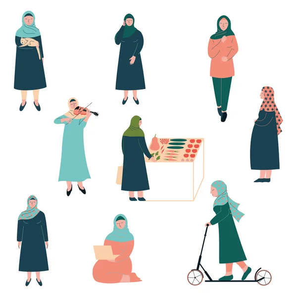 Muslim Woman Lifestyle Set, Modern Arab Girls Characters in Traditional Clothing in Different Situations Vector Illustration — Stock Vector
