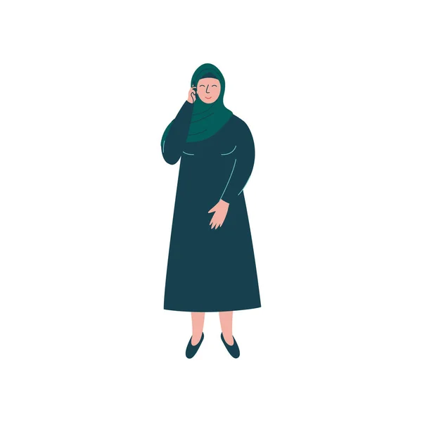 Muslim Woman in Hijab Talking on Phone, Modern Arab Girl Character in Traditional Clothing Vector Illustration (dalam bahasa Inggris) - Stok Vektor