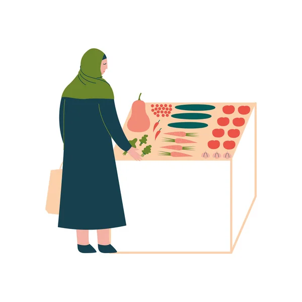 穆斯林妇女在 hijab 购买蔬菜, 现代阿拉伯女孩字符在传统服装站立在市场站附近, 侧视向量例证 — 图库矢量图片