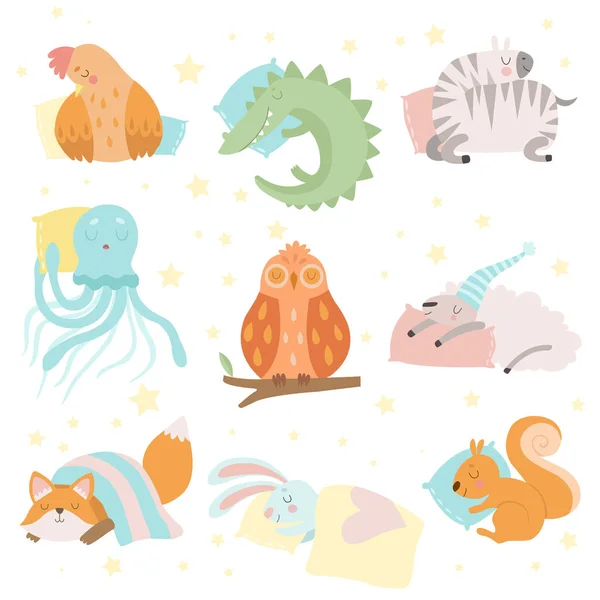 Roztomilá zvířata spí Set, slepice, Zebra, krokodýl, chobotnice, ovce, veverka, liška, Bunny, sova s polštáři vektorové ilustrace — Stockový vektor