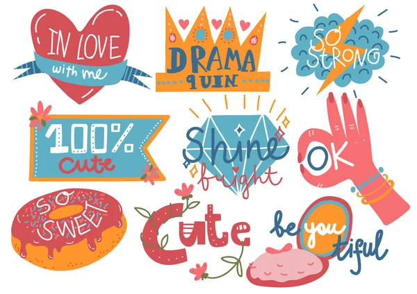 Collection of Trendy Girlish Prints, Design Elements with Inspirational Quotes Can Be Used For Greeting Cards, Badges, Labels, Invitations, Banners Vector Illustration — Stock Vector