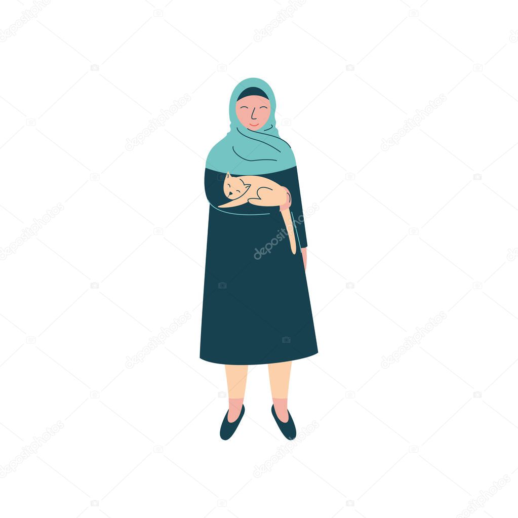 Muslim Woman in Hijab Holding Cat on Her Hands, Modern Arab Girl Character in Traditional Clothing Vector Illustration