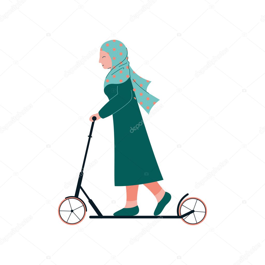 Muslim Woman in Hijab Riding Kick Scooter, Modern Arab Girl Character in Traditional Clothing, Side View Vector Illustration