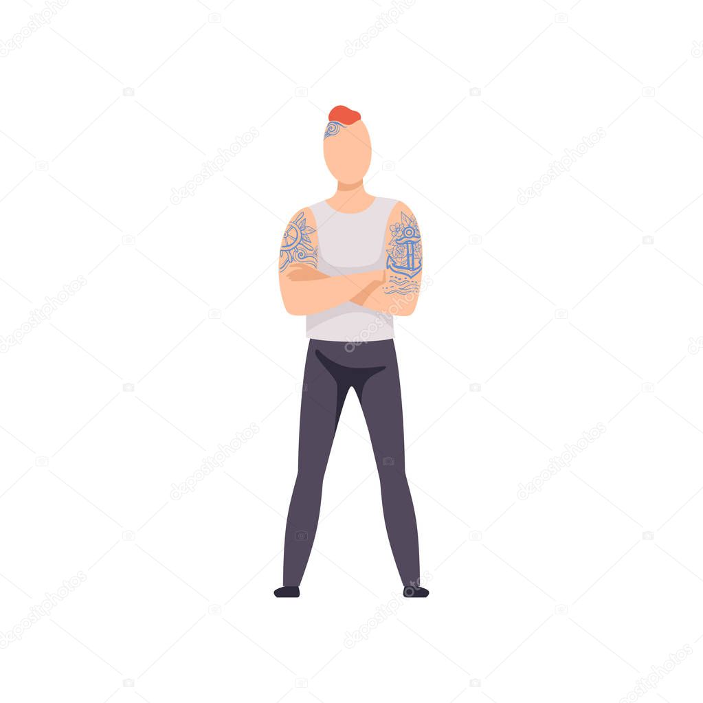 Punk Man with Tattoos, Guy Having Tattoo on His Arms and Head Vector Illustration