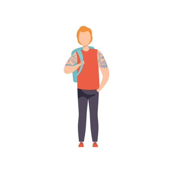 Young Man with Backpack, Guy Having Tattoos on His Arms Vector Illustration — Stock Vector