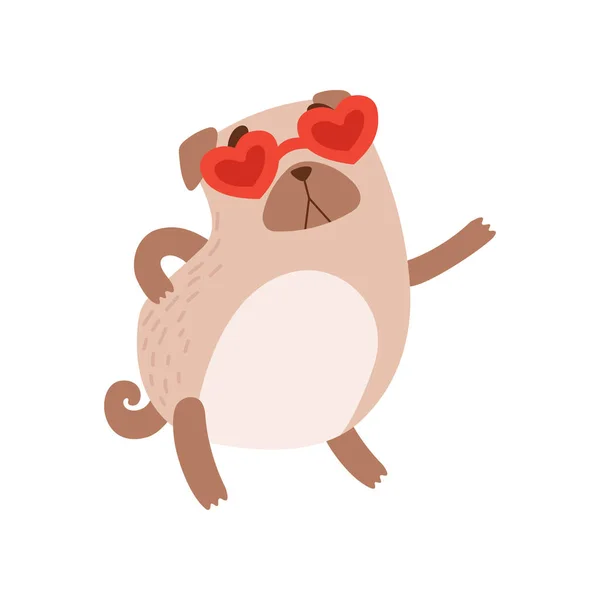 Słodkie Mops pies sobie serca kształcie okulary, zabawny przyjazny dla zwierząt domowych charakter ilustracja wektorowa — Wektor stockowy
